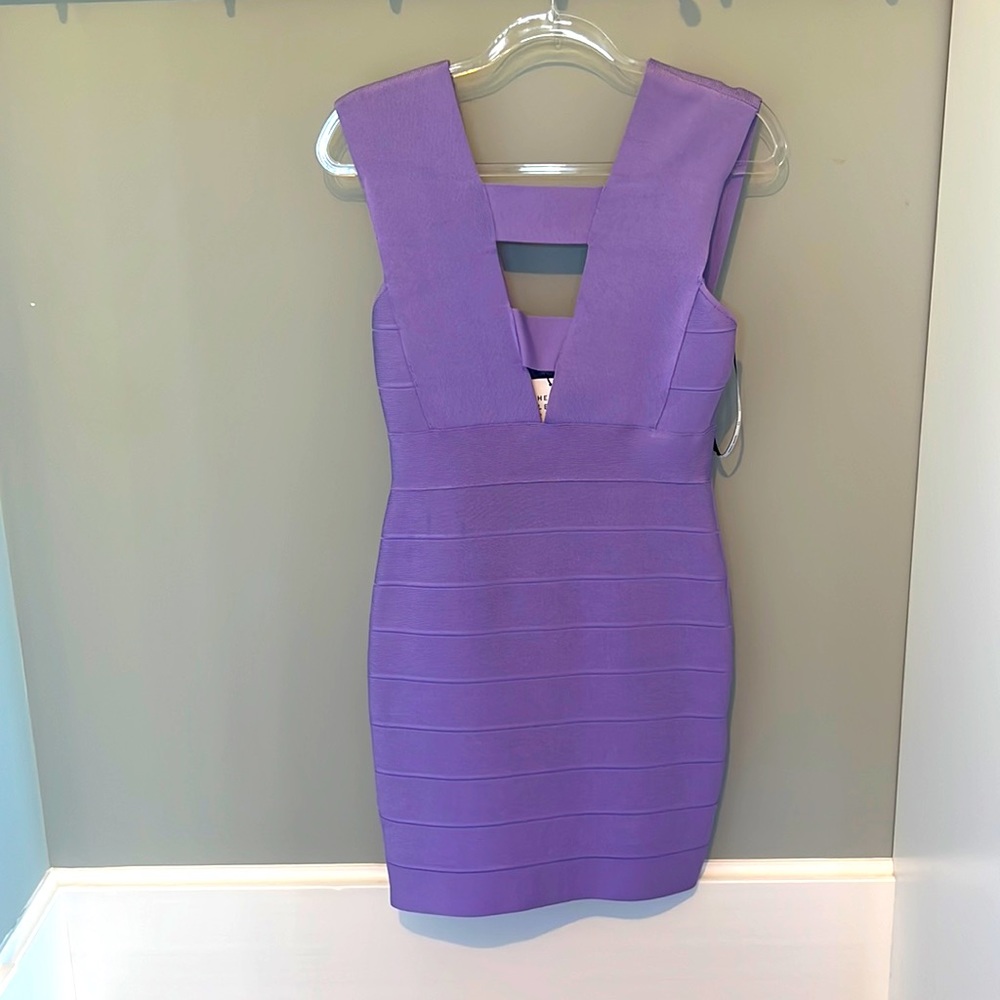 Herve Leger purple plunge mini dress